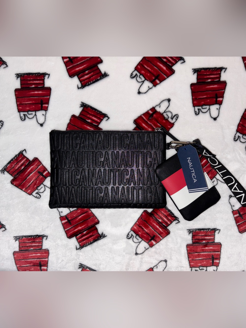 Nautica Black Embossed Leather Card & Key Pouch with Red, White & Blue Tag